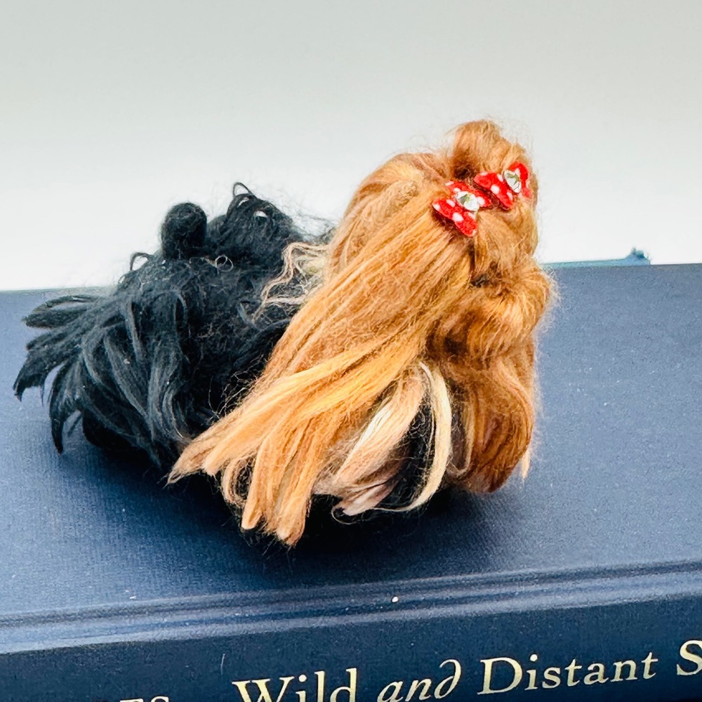 Miniature Yorkshire Terrier Figurine Black‎ Tan Fur Red Bow 3.5 Inch